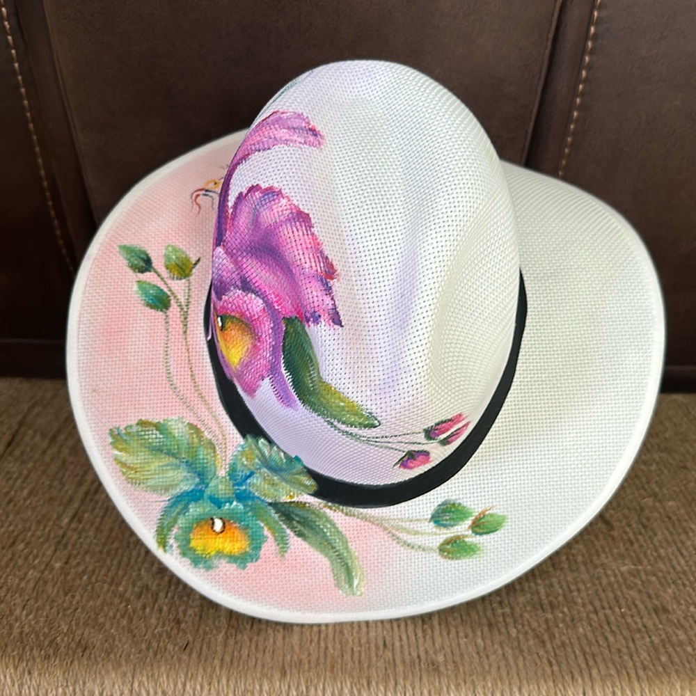 HAND - PAINTED HAT , CATTLEYA / ORCHID - Picture 5 of 7